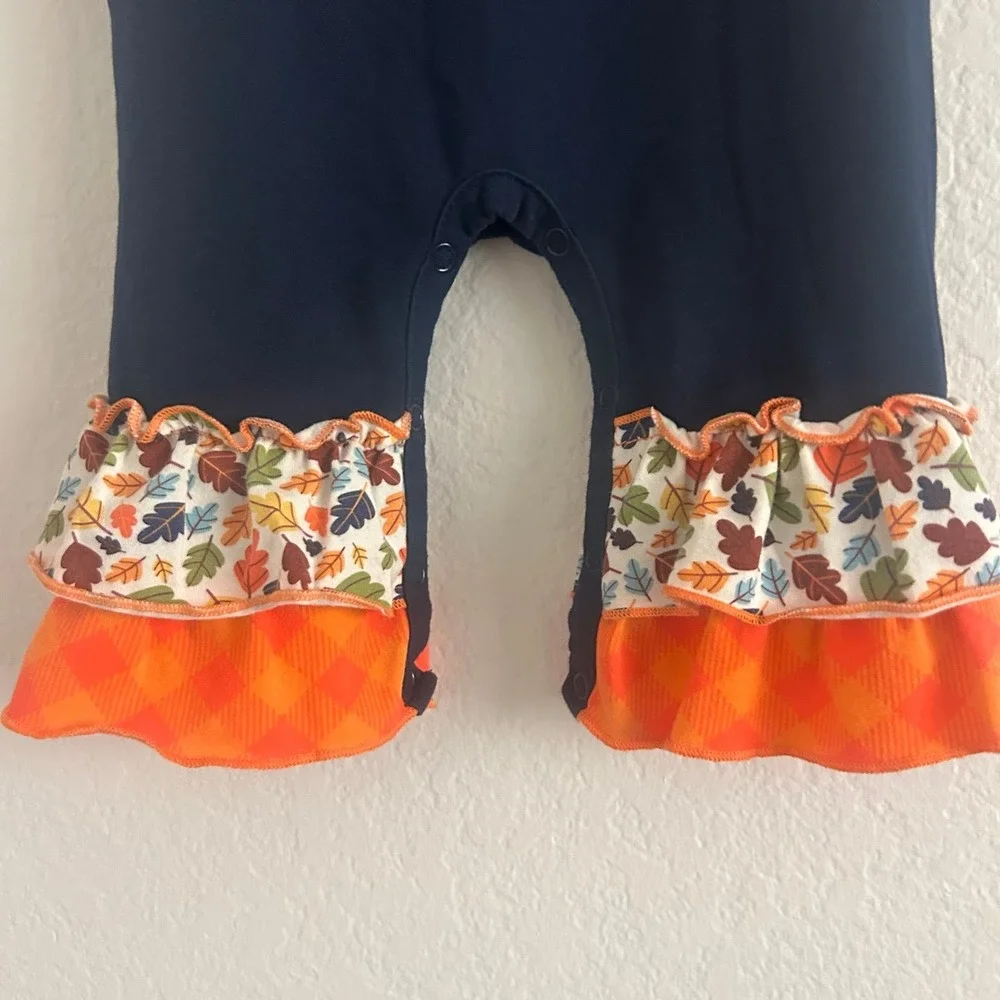 Rare Editions Baby Halloween Pumpkin Outfit Romper Navy Blue Ruffles 6 Months